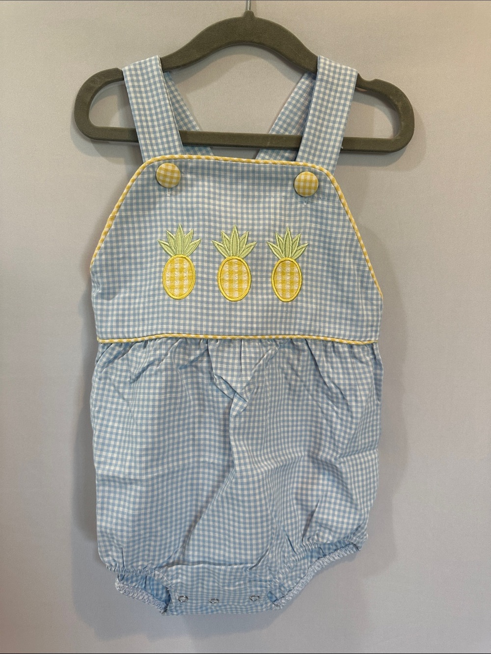 Light Blue Gingham Pineapple Romper - Yellow Pineapple Appliqué